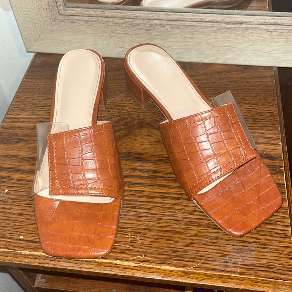Brown low heel slides